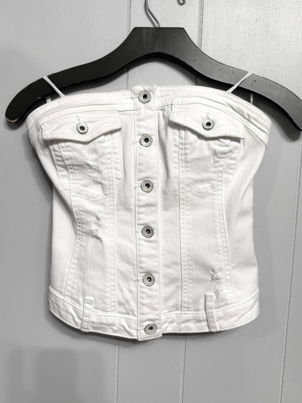 #12)  GUESS White Strapless Denim Bustier Crop Top (stretch little bit)